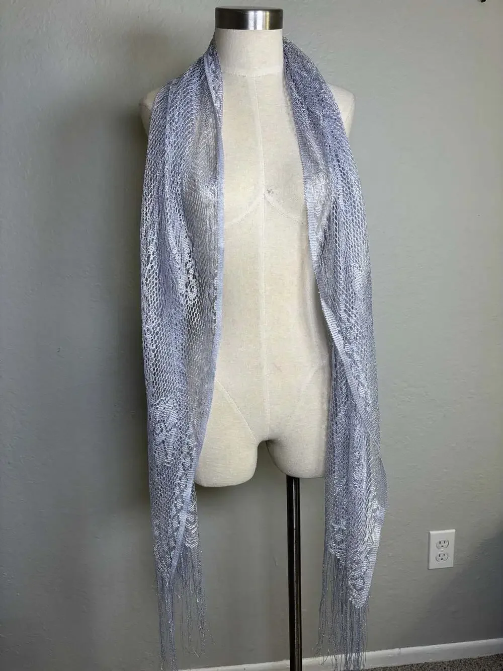 Silver Metallic Shimmer Lace Fringe Evening Shawl Wrap